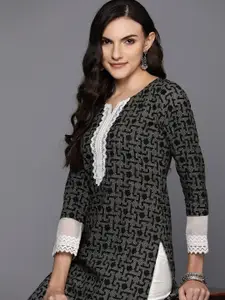 Indo Era Geometric Printed Pure Cotton Lace Insert Detail Straight Kurta
