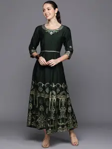 Indo Era Ethnic Motifs Foil Printed Belted Detail Ethnic Maxi Dress