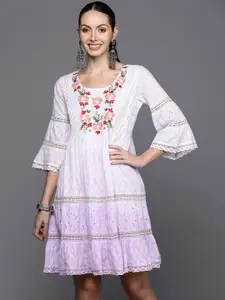 Indo Era Ombre Floral Embroidered Lace Insert & Schiffli Detail Tiered A-Line Dress