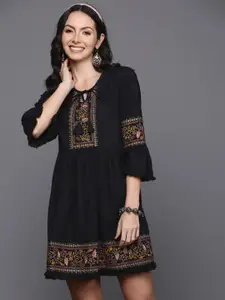 Indo Era Floral Embroidered Gathered & Tasselled Detail Mini A-Line Ethnic Dress