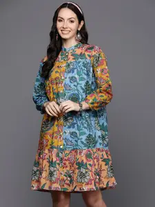Indo Era Floral Printed Gathered Detail A-Line Dress
