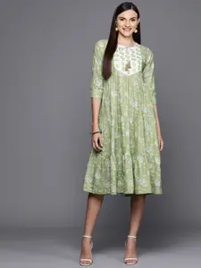 Indo Era Floral Printed Embroidered & Gotta Patti Detail Tiered Midi A-Line Dress