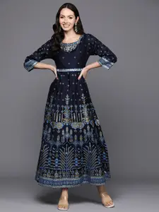 Indo Era Ethnic Motifs Foil Printed Belted Detail Maxi A-Line Dress