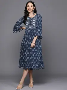 Indo Era Ethnic Print Tie-Up Neck Bell Sleeves A-Line Midi Dress With Pom-Pom Detail