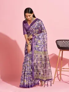 Saree mall Purple & Green Floral Printed Organza Sarees