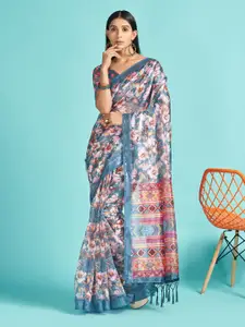 Saree mall Blue & Orange Floral Printed Zari Organza Sarees