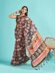 Saree mall Brown & Pink Floral Printed Zari Organza Sarees