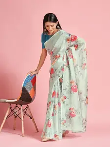 Saree mall Green & Orange Floral Printed Organza Sarees