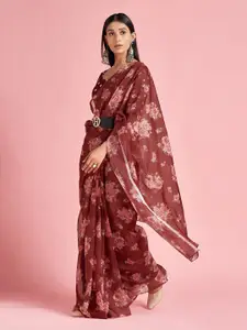 Saree mall Brown & White Floral Printed Organza Sarees