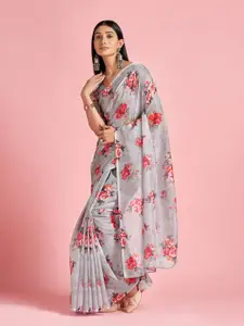 Saree mall Grey & Red Floral Printed Organza Sarees