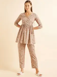 Sweet Dreams Grey & White Ethnic Motifs Printed Pure Cotton Night Suit