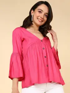 Mast & Harbour Pink V-Neck Three-Fourth Bell Sleeve Casual Top