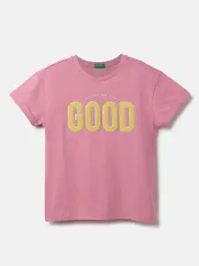 United Colors of Benetton Girls Typography Embroidered Applique Cotton T-shirt