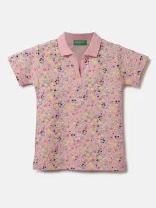 United Colors of Benetton Girls Floral Printed Polo Collar Cotton T-shirt