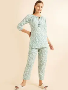 Sweet Dreams Green & White Floral Printed Pure Cotton Night Suit