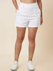 Globus Women White Self Design Schiffli High-Rise Cotton Shorts