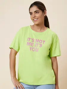 Globus Lime Green Typography Printed Drop-Shoulder Pure Cotton T-shirt
