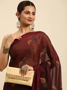 Indian Women Maroon Floral Beads and Stones Silk Blend Designer Saree