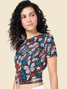 People Black & Blue Graphic Printed Crop Top