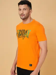 People Orange Typography Printed Cotton Slim Fit Casual T-shirt