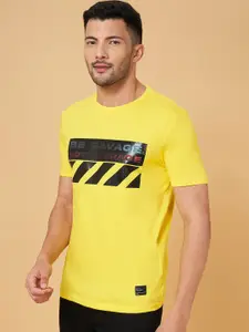 People Yellow Typography Printed Cotton Slim Fit Casual T-shirt