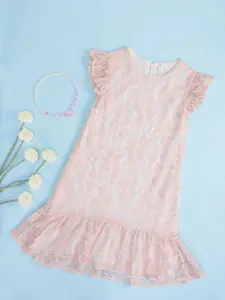 Pantaloons Junior Girls Self Design Flutter Sleeve Lace Cotton A-Line Dress