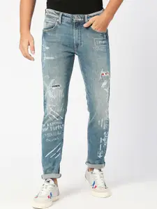 Pepe Jeans Men Tapered Fit Low-Rise Mildly Distressed Heavy Fade Printed Stretchable Jeans