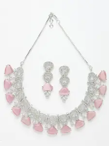 Aazeen Rhodium-Plated American Diamond Studded Choker Necklace & Drop Earrings Set