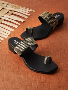 Anouk Black And Gold-Toned Embellished One Toe Block Heels