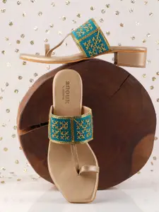 Anouk Blue And Gold-Toned Embroidered One Toe Block Heels