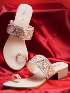 Anouk Cream-Coloured And Silver-Toned Embellished One Toe Block Heels