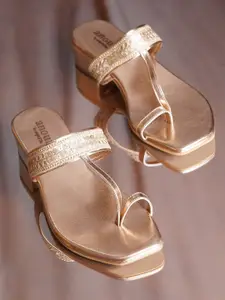 Anouk Rose Gold-Toned Embellished One Toe Block Heels