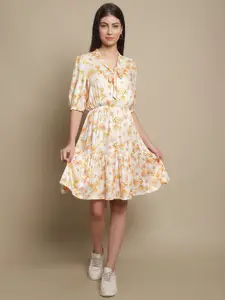 Just Wow Floral Printed Tie Up Neck Fit & Flare Dress