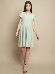 Just Wow Green Flutter Sleeve Crepe Fit & Flare Dress
