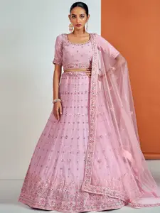 ODETTE Embroidered Beads and Stones Semi-Stitched Lehenga & Blouse With Dupatta