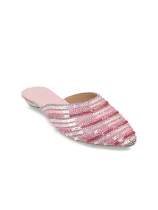Mochi Sequinned Embellished Striped Mules Flats