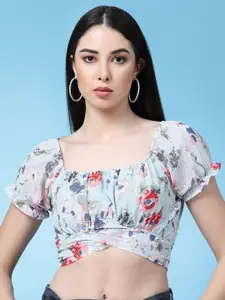 Oomph! Floral Printed Puff Sleeves Waist Tie-Up Regular Crop Top