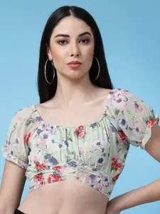 Oomph! Floral Printed Puff Sleeves Waist Tie-Up Regular Crop Top