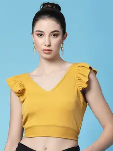 Oomph! V-Neck Flutter Sleeves Ruffles Styled Back Crop Top