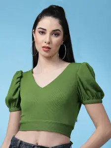Oomph! Green Puff Sleeves V-Neck Waist Tie Ups Crop Styled Back Top