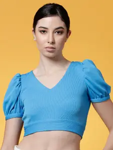 Oomph! V-Neck Puffed Sleeves Cut Out Tie-Ups Ribbed Crop Fitted Top