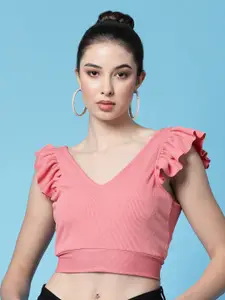 Oomph! Flutter Sleeve Ruffles Styled Back Crop Top