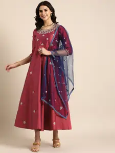 Sangria Tafeta Embroidered Ethnic Dress With Dupatta