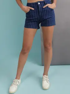 Freehand Women Blue Striped Slim Fit High-Rise Shorts