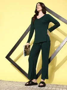 all about you Women Solid Pure Cotton Top With Trousers