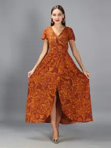 DEBONATELLA Floral Printed Beaded Slit Sleeves A-Line Maxi Dress