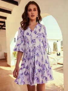 Athena Lavender Floral Printed Flared Sleeves Lace-Up Fit & Flare Mini Dress