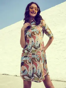 Athena Green & Brown Floral Printed Cotton Linen Shirt Dress