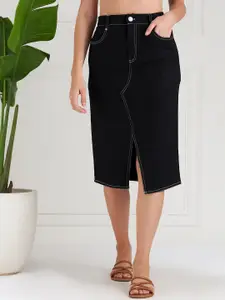 Athena Women Black Denim Front-Slit Knee-Length A-Line Skirt