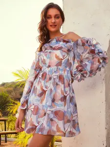 Athena Floral Print Bell Sleeve Ruffled Georgette Fit & Flare Dress
